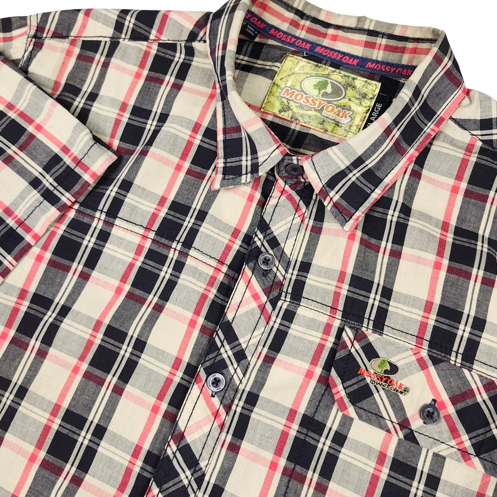 Mossy Oak Button Up Shirt Mens XL Black Red Plaid Short Sleeve Outdoor Casual